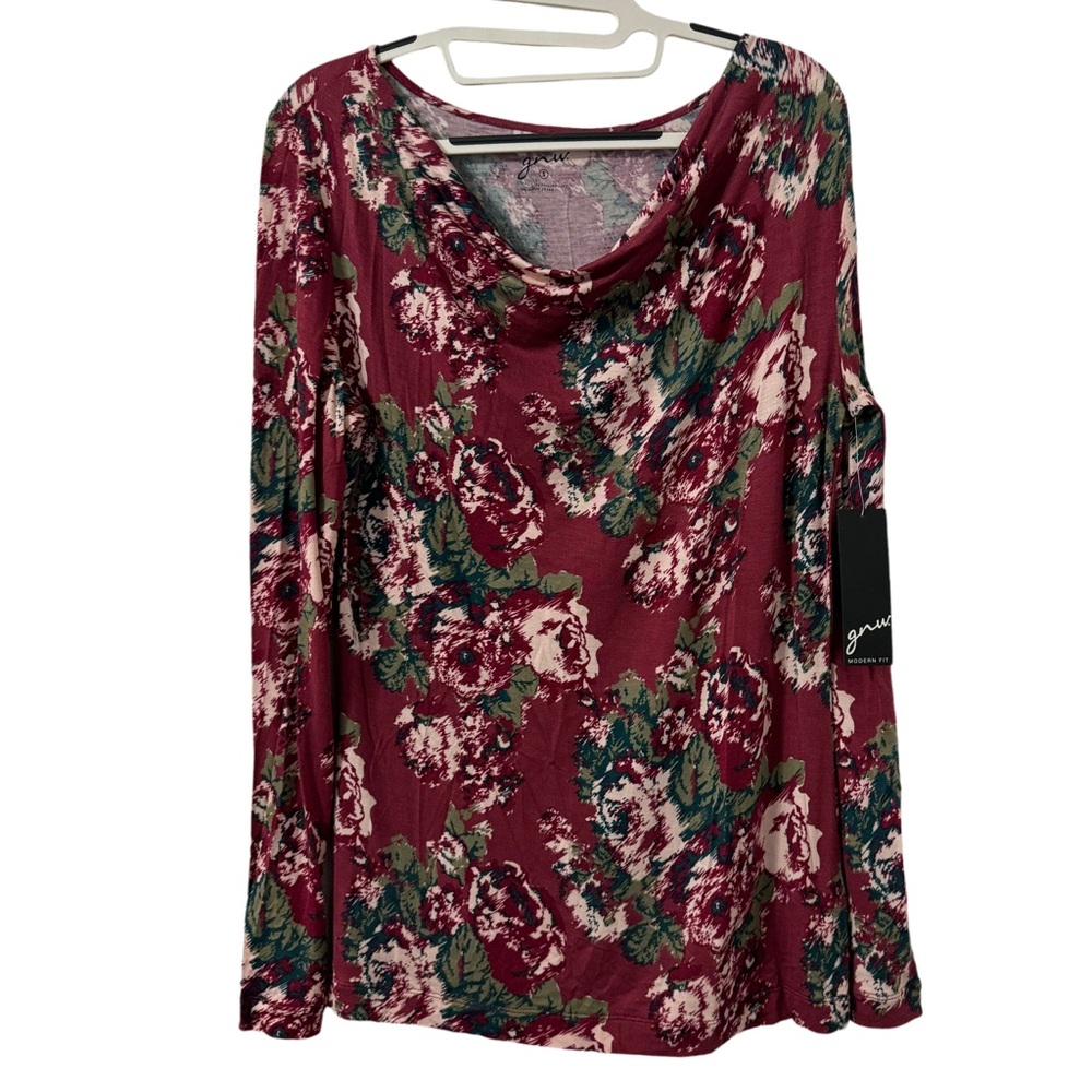 GNW Womens Dark‎ Florals Drapey Cowl Neck Top Small Burgundy Casual Modern NWT
